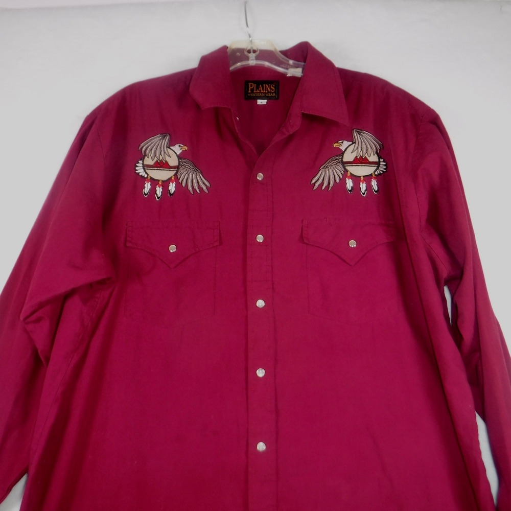 Vtg Plains Western Wear Mens Large Burgundy Eagle Embroidered Pearl Snap Shirt